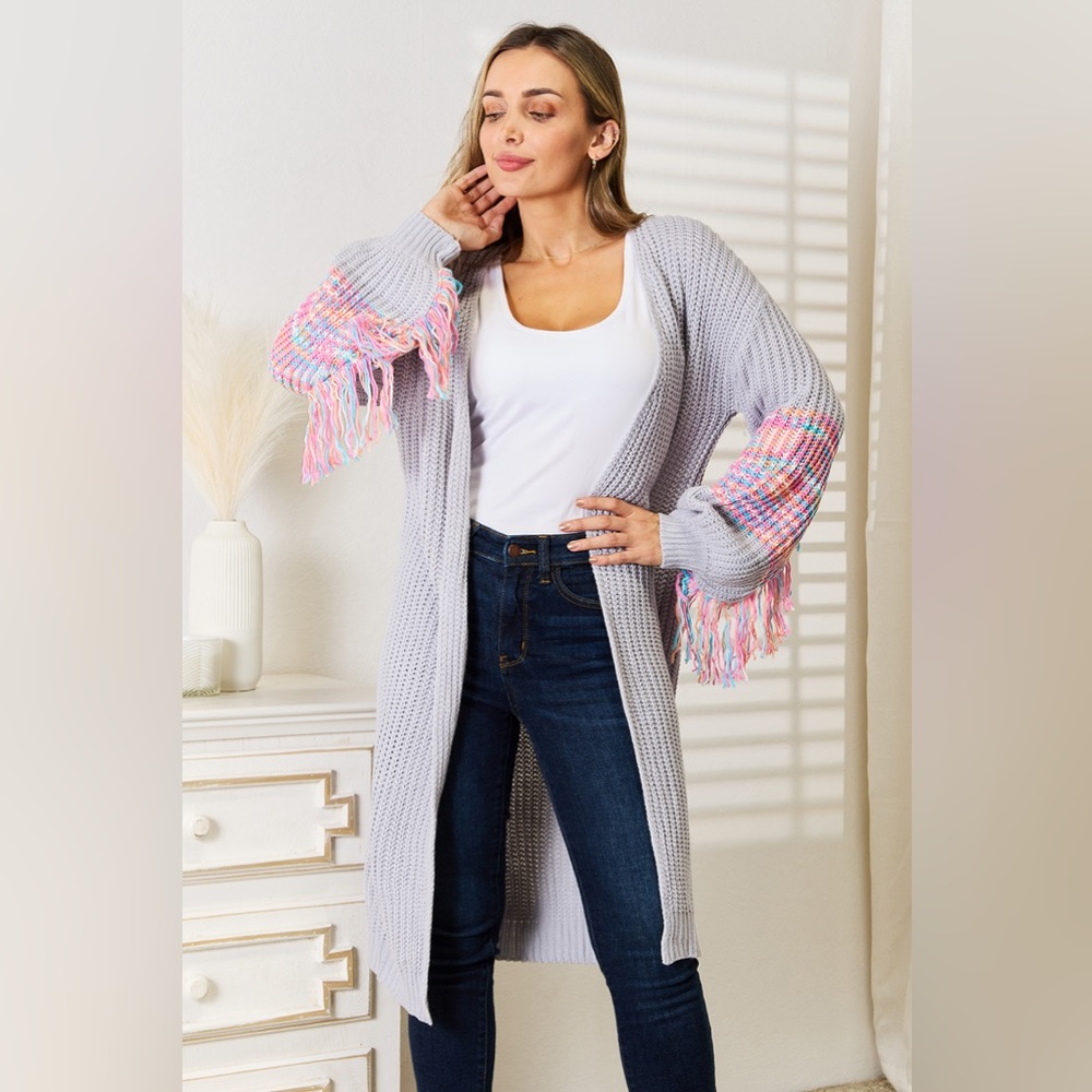 NEW**-Woven Right Fringe Sleeve Dropped Shoulder Cardigan OFFERS WELCOME